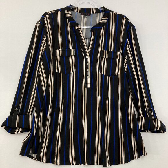 Cocomo size XL Multi Striped Split Neck Stretch Rolled Sleeve Knit Top Office - Picture 1 of 9